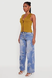 Womens Metallic Button Front Split Hem Sweater Vest, L