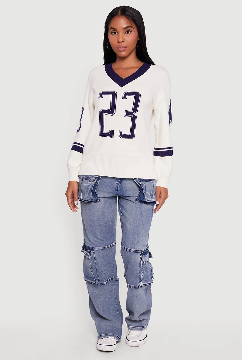 Womens Ribbed Knit 23 Graphic V Neck Sweater, White, Size M