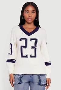 Womens Ribbed Knit 23 Graphic V Neck Sweater, White, Size M