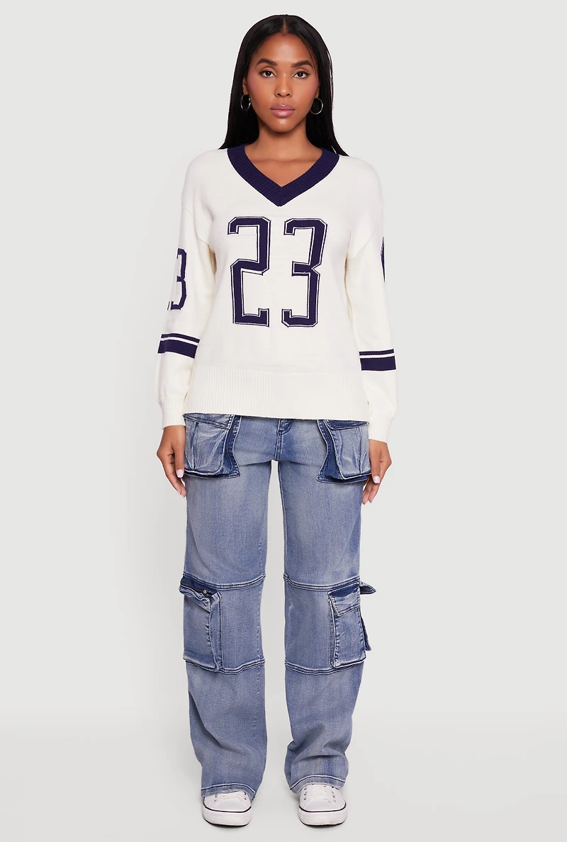 Womens Ribbed Knit 23 Graphic V Neck Sweater, White, Size M