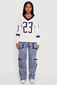 Womens Ribbed Knit 23 Graphic V Neck Sweater, White, Size M