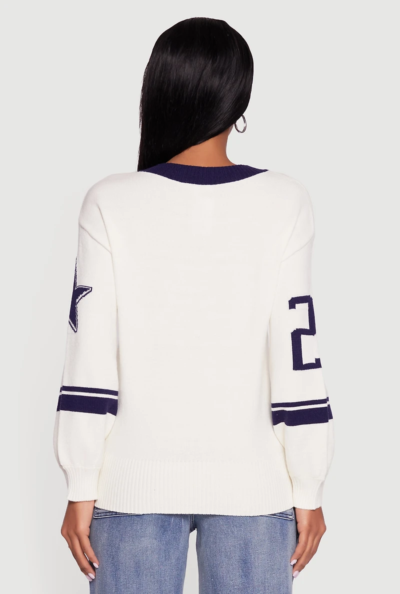 Womens Ribbed Knit 23 Graphic V Neck Sweater, White, Size M