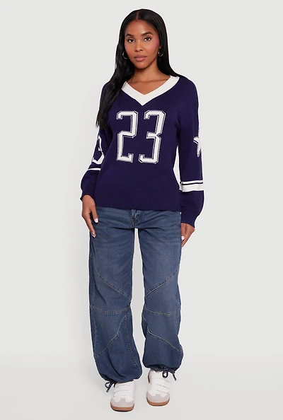 Womens Ribbed Knit 23 Graphic V Neck Sweater, Blue, Size L