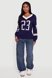 Womens Ribbed Knit 23 Graphic V Neck Sweater, Blue, Size L