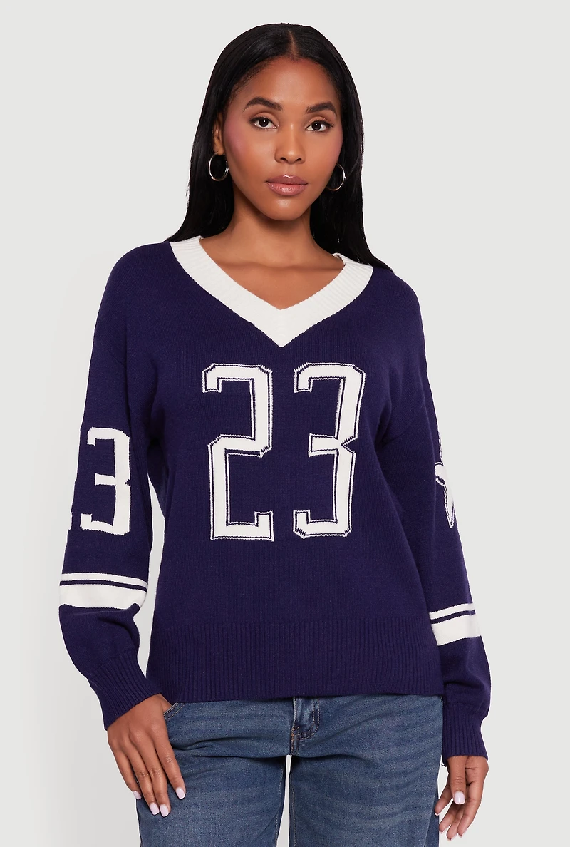 Womens Ribbed Knit 23 Graphic V Neck Sweater, Blue, Size L