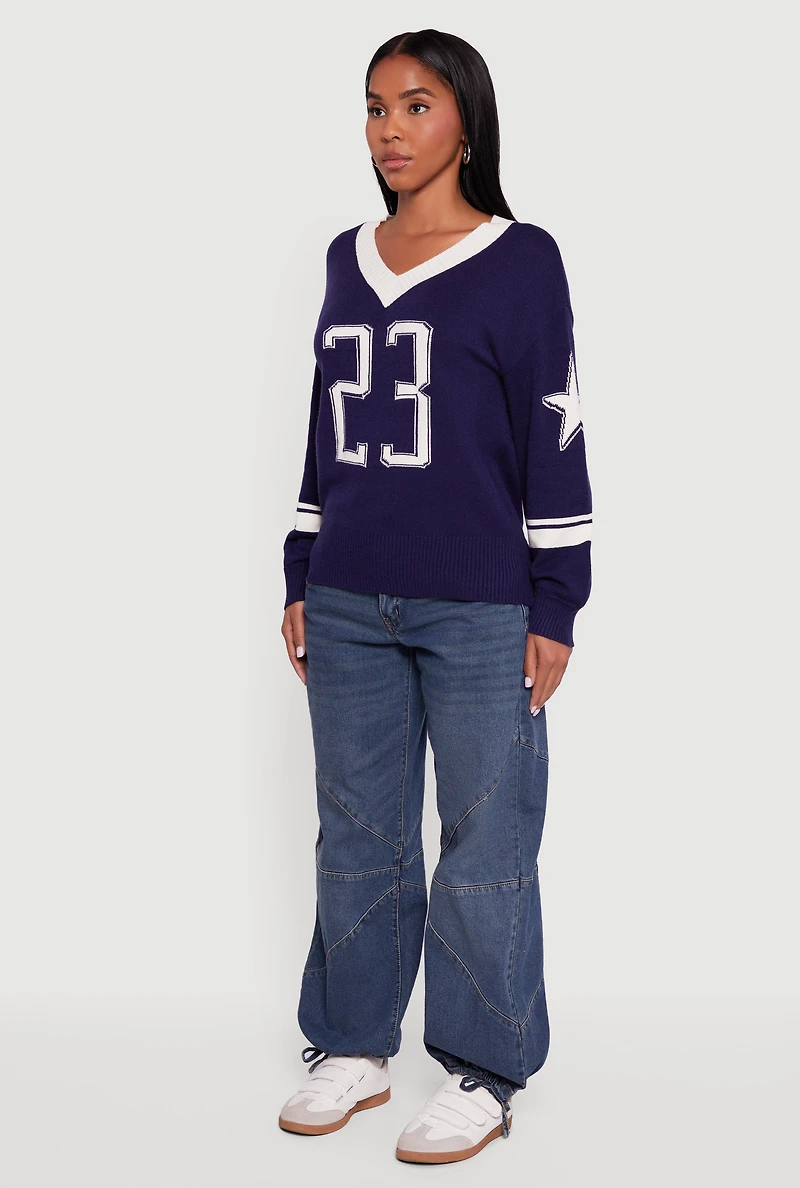 Womens Ribbed Knit 23 Graphic V Neck Sweater, Blue, Size L