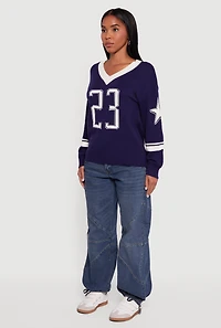 Womens Ribbed Knit 23 Graphic V Neck Sweater, Blue, Size S