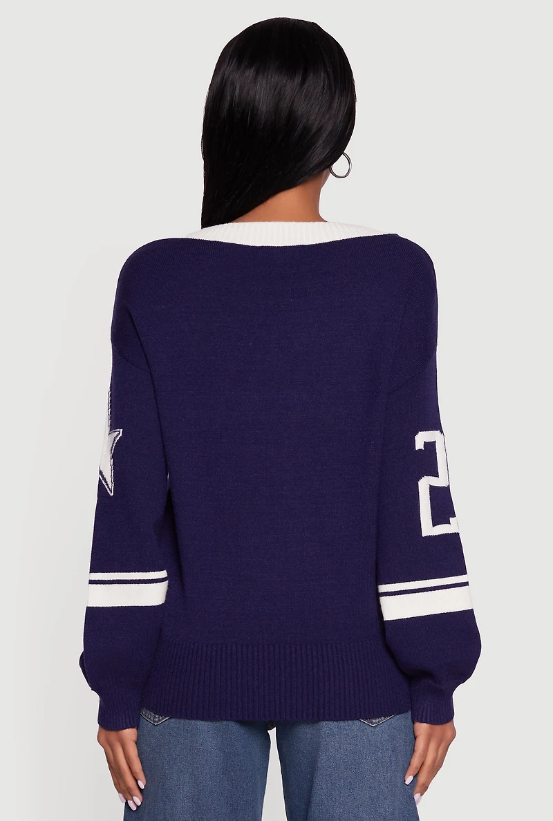 Womens Ribbed Knit 23 Graphic V Neck Sweater, Blue, Size L