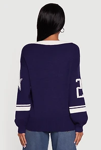 Womens Ribbed Knit 23 Graphic V Neck Sweater, Blue, Size L