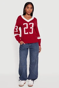 Ribbed Knit 23 Graphic V Neck Sweater