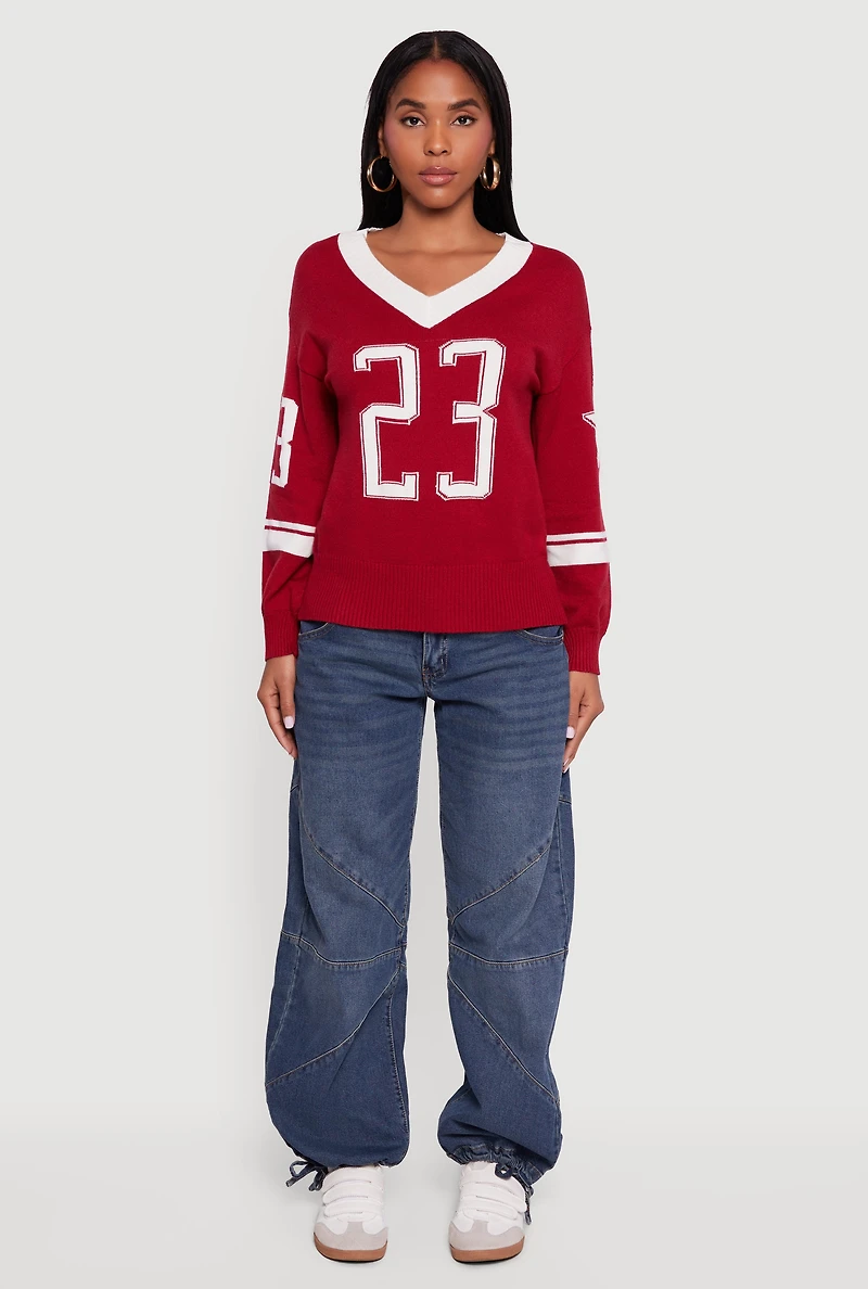 Ribbed Knit 23 Graphic V Neck Sweater