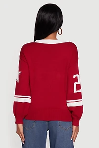 Ribbed Knit 23 Graphic V Neck Sweater