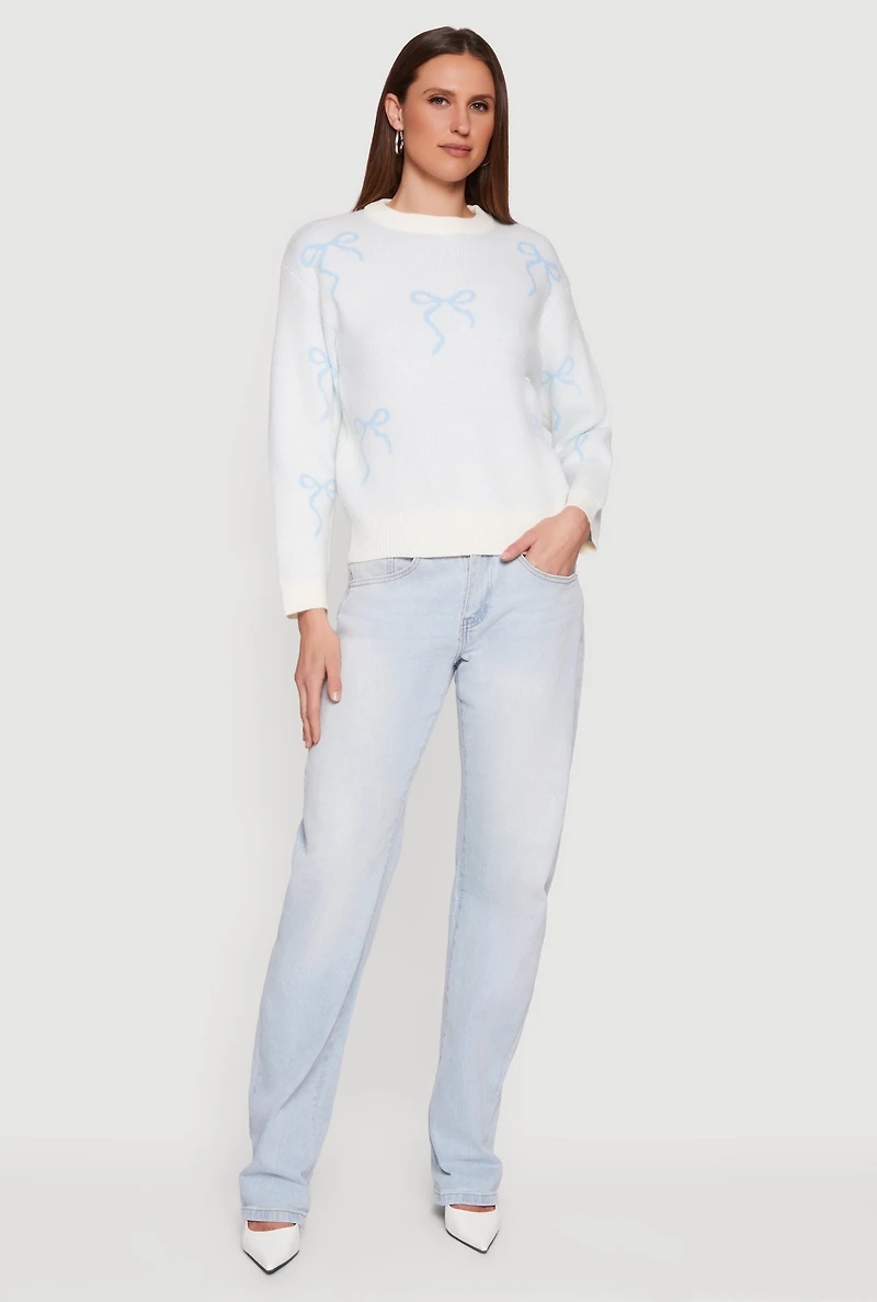 Womens Bow Print Long Sleeve High Neck Pullover Sweater,