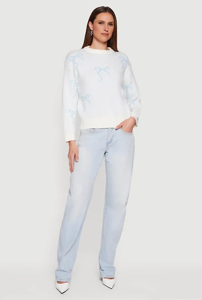 Womens Bow Print Long Sleeve High Neck Pullover Sweater,