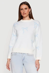 Womens Bow Print Long Sleeve High Neck Pullover Sweater,