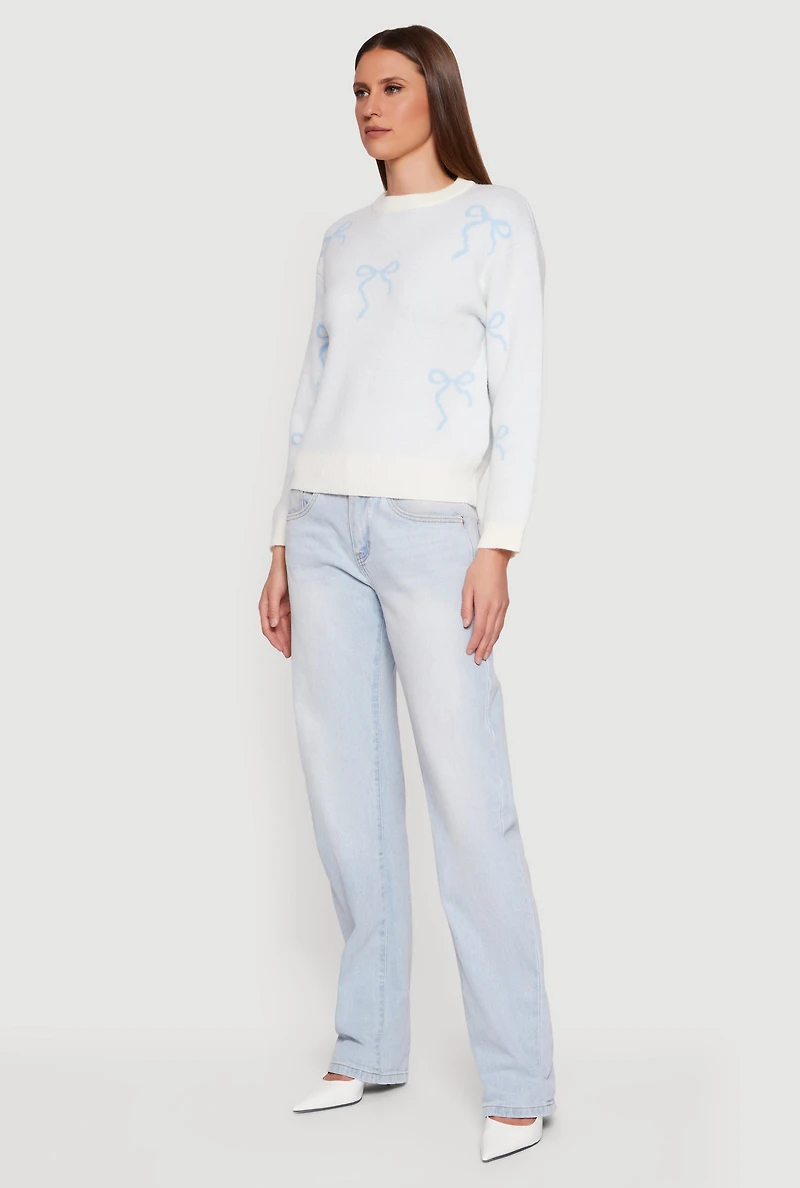 Womens Bow Print Long Sleeve High Neck Pullover Sweater,