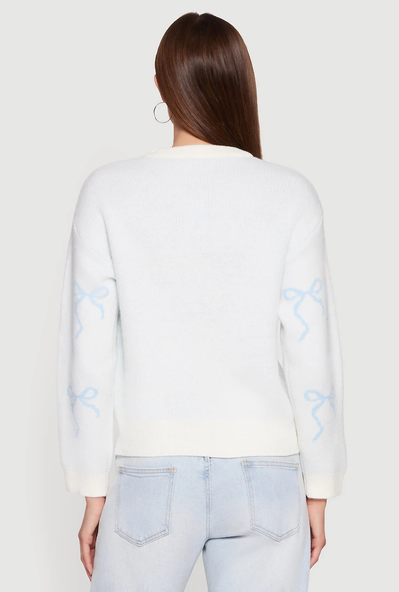 Bow Print Long Sleeve High Neck Pullover Sweater