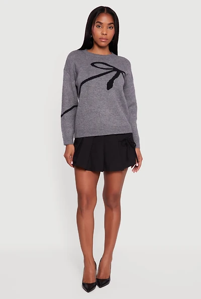 Womens Brushed Knit Bow Graphic Pullover Sweater,
