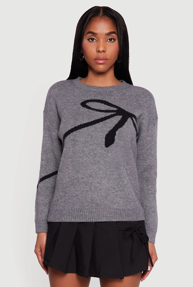 Brushed Knit Bow Graphic Pullover Sweater