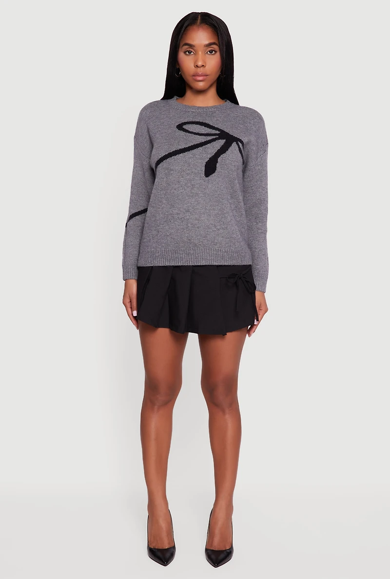 Brushed Knit Bow Graphic Pullover Sweater