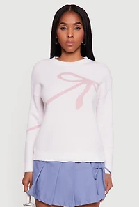 Brushed Knit Bow Graphic Pullover Sweater