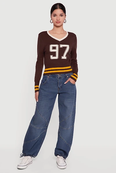 Womens 97 Graphic Varsity Stripe V-Neck Sweater,
