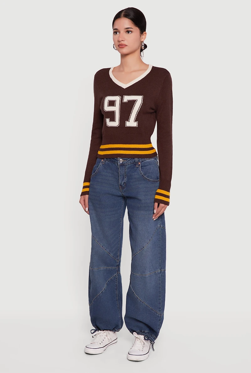 97 Graphic Varsity Stripe V-Neck Sweater