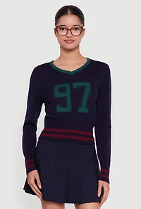 97 Graphic Varsity Stripe V-Neck Sweater