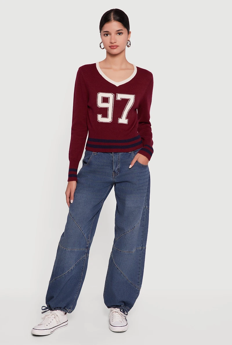 Womens 97 Graphic Varsity Stripe V-Neck Sweater, Burgundy, Size L