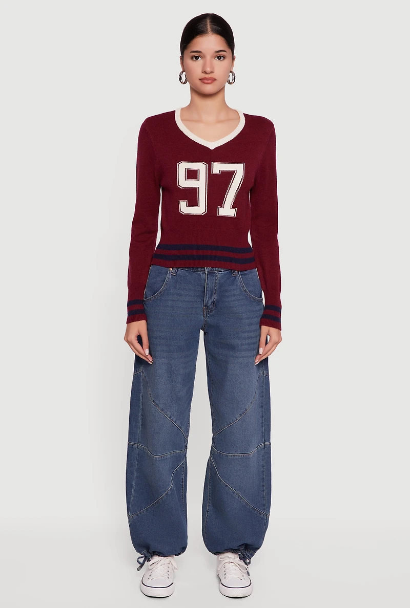 Womens 97 Graphic Varsity Stripe V-Neck Sweater, Burgundy, Size L