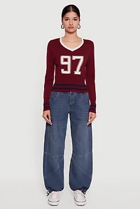 Womens 97 Graphic Varsity Stripe V-Neck Sweater, Burgundy, Size L