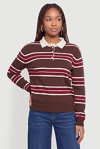 Striped Long Sleeve Button Front Polo Shirt