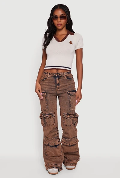 Womens Teddy Bear Graphic Contrast Trim Cropped Polo Sweater, White, Size S