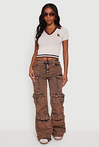 Womens Teddy Bear Graphic Contrast Trim Cropped Polo Sweater, White, Size S