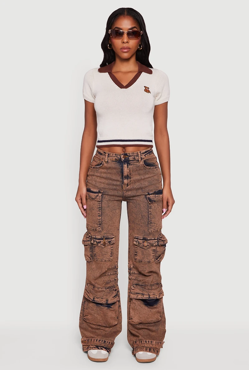 Womens Teddy Bear Graphic Contrast Trim Cropped Polo Sweater, White, Size S