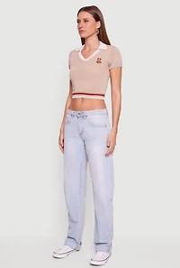 Teddy Bear Graphic Contrast Trim Cropped Polo Sweater