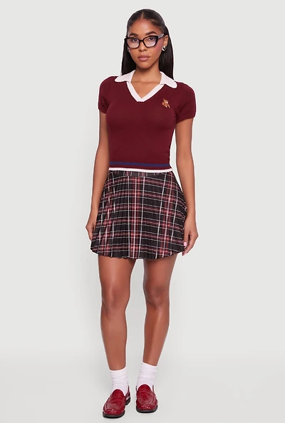 Teddy Bear Graphic Contrast Trim Cropped Polo Sweater