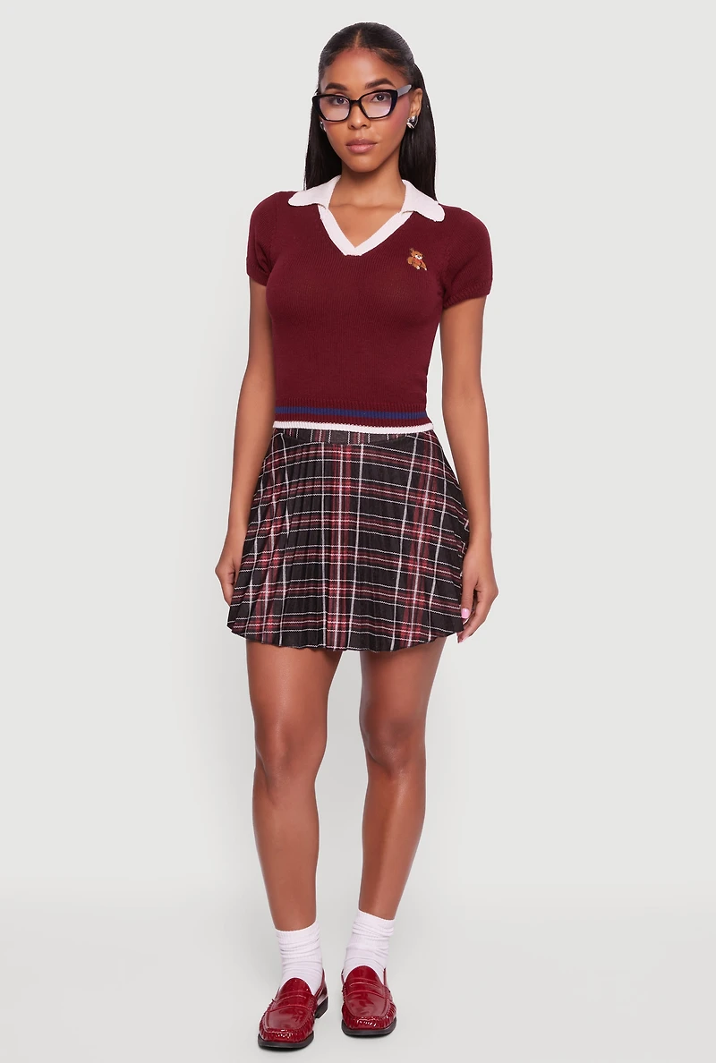 Teddy Bear Graphic Contrast Trim Cropped Polo Sweater