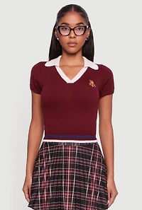 Womens Teddy Bear Graphic Contrast Trim Cropped Polo Sweater, Burgundy, Size M