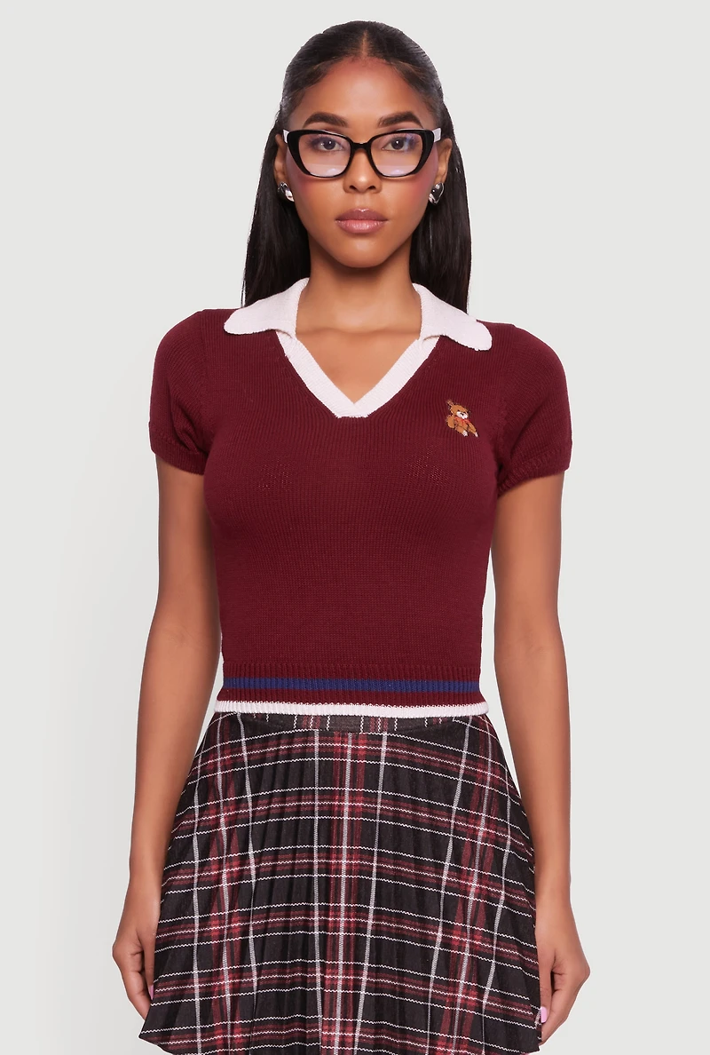 Teddy Bear Graphic Contrast Trim Cropped Polo Sweater
