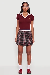 Teddy Bear Graphic Contrast Trim Cropped Polo Sweater