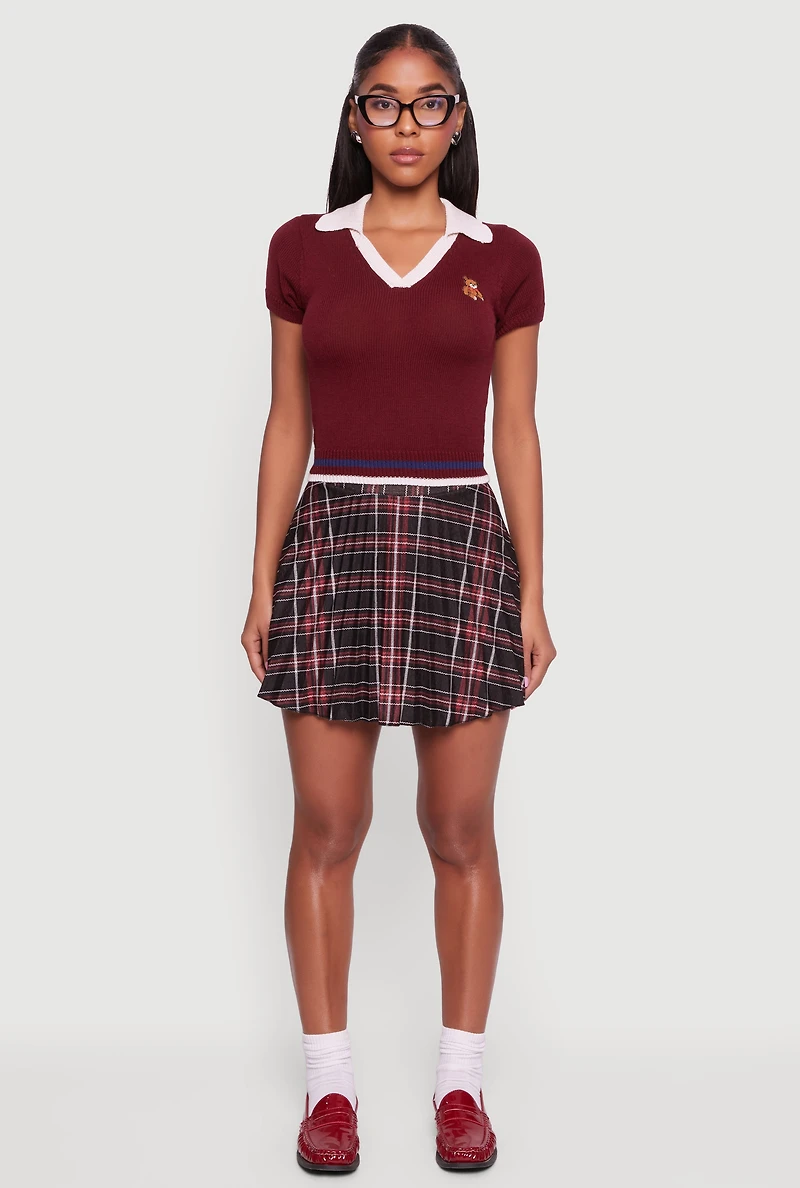 Teddy Bear Graphic Contrast Trim Cropped Polo Sweater