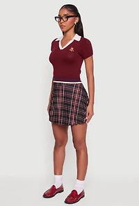 Womens Teddy Bear Graphic Contrast Trim Cropped Polo Sweater, Burgundy, Size M