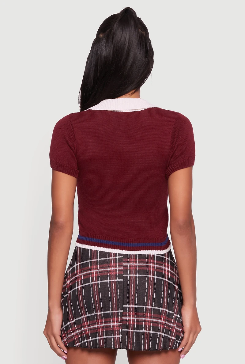 Teddy Bear Graphic Contrast Trim Cropped Polo Sweater