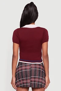 Teddy Bear Graphic Contrast Trim Cropped Polo Sweater