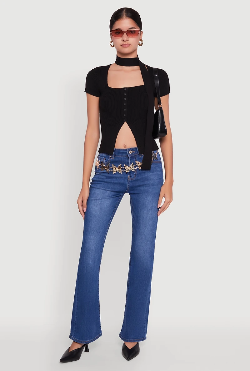 Womens Ribbed Knit Button Front Crop Sweater with Neck Tie,