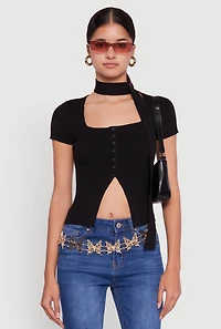 Womens Ribbed Knit Button Front Crop Sweater with Neck Tie,
