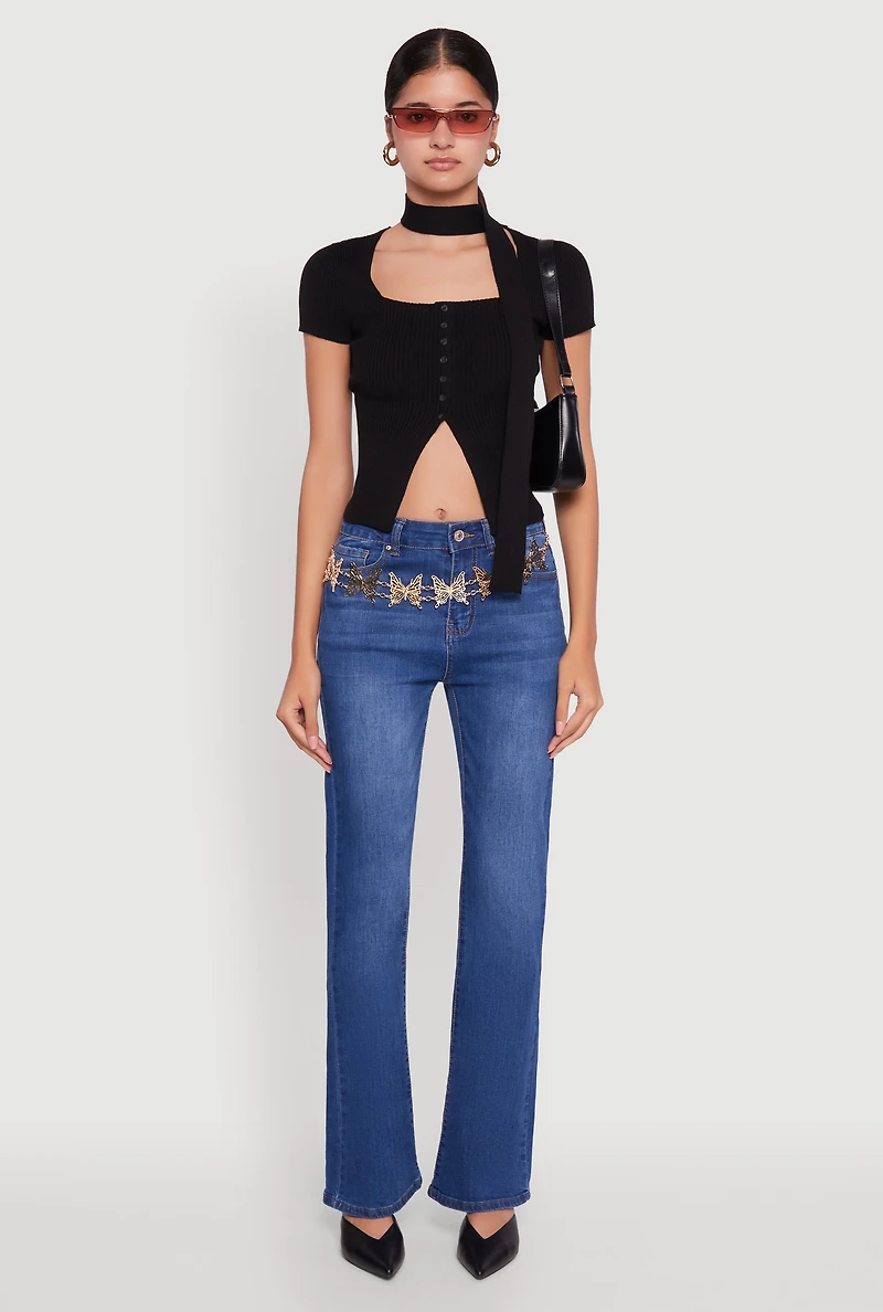Womens Ribbed Knit Button Front Crop Sweater with Neck Tie,