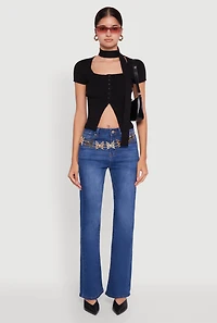 Womens Ribbed Knit Button Front Crop Sweater with Neck Tie,