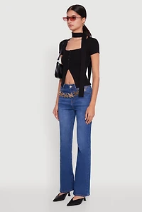 Womens Ribbed Knit Button Front Crop Sweater with Neck Tie, L